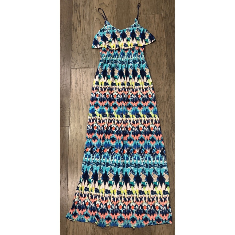 Y2K Womens Blue Pink Geometric Ruffle Maxi Dress Sleeveless Summer Beach